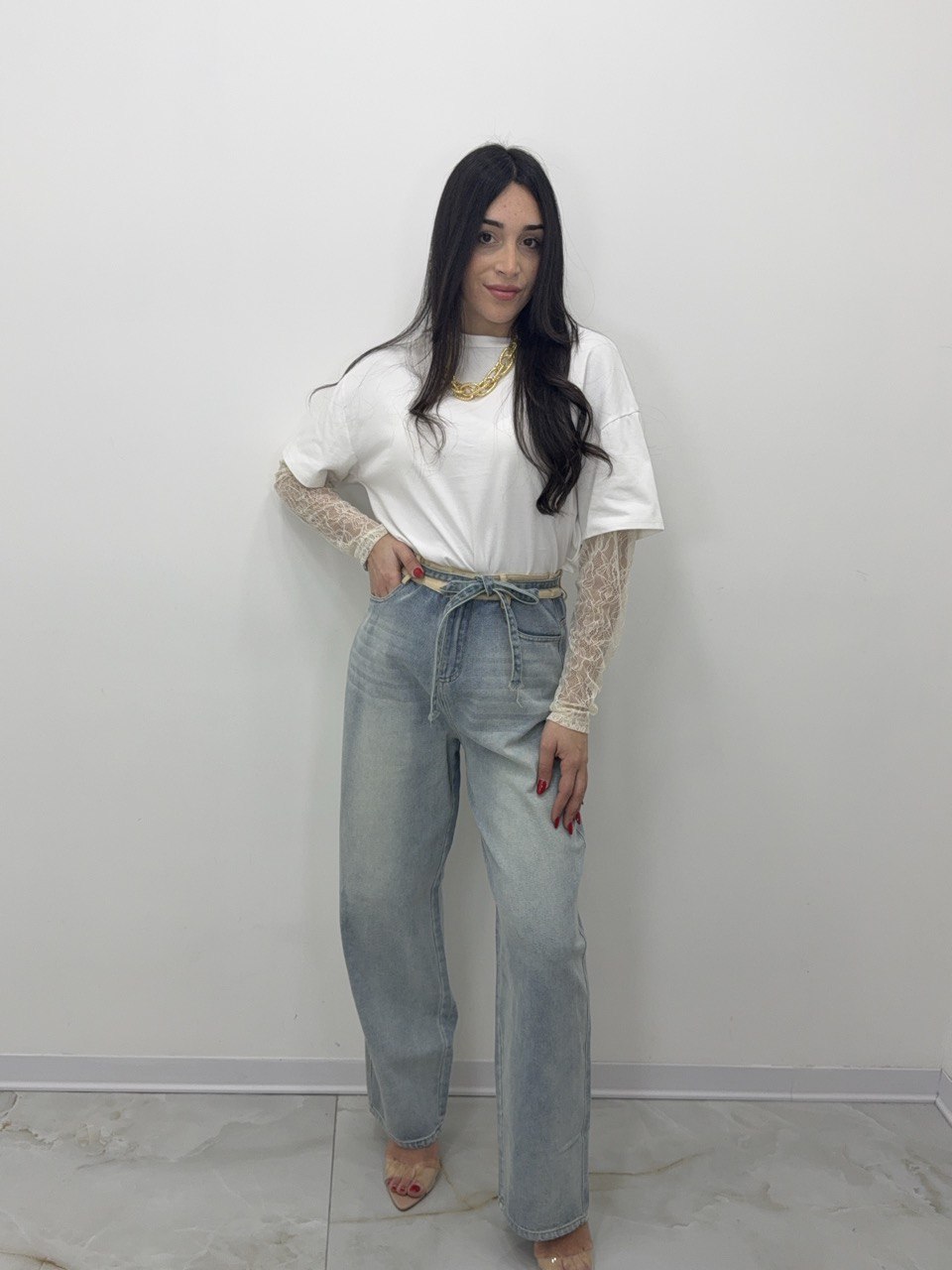 T-SHIRT MANICA IN PIZZO
